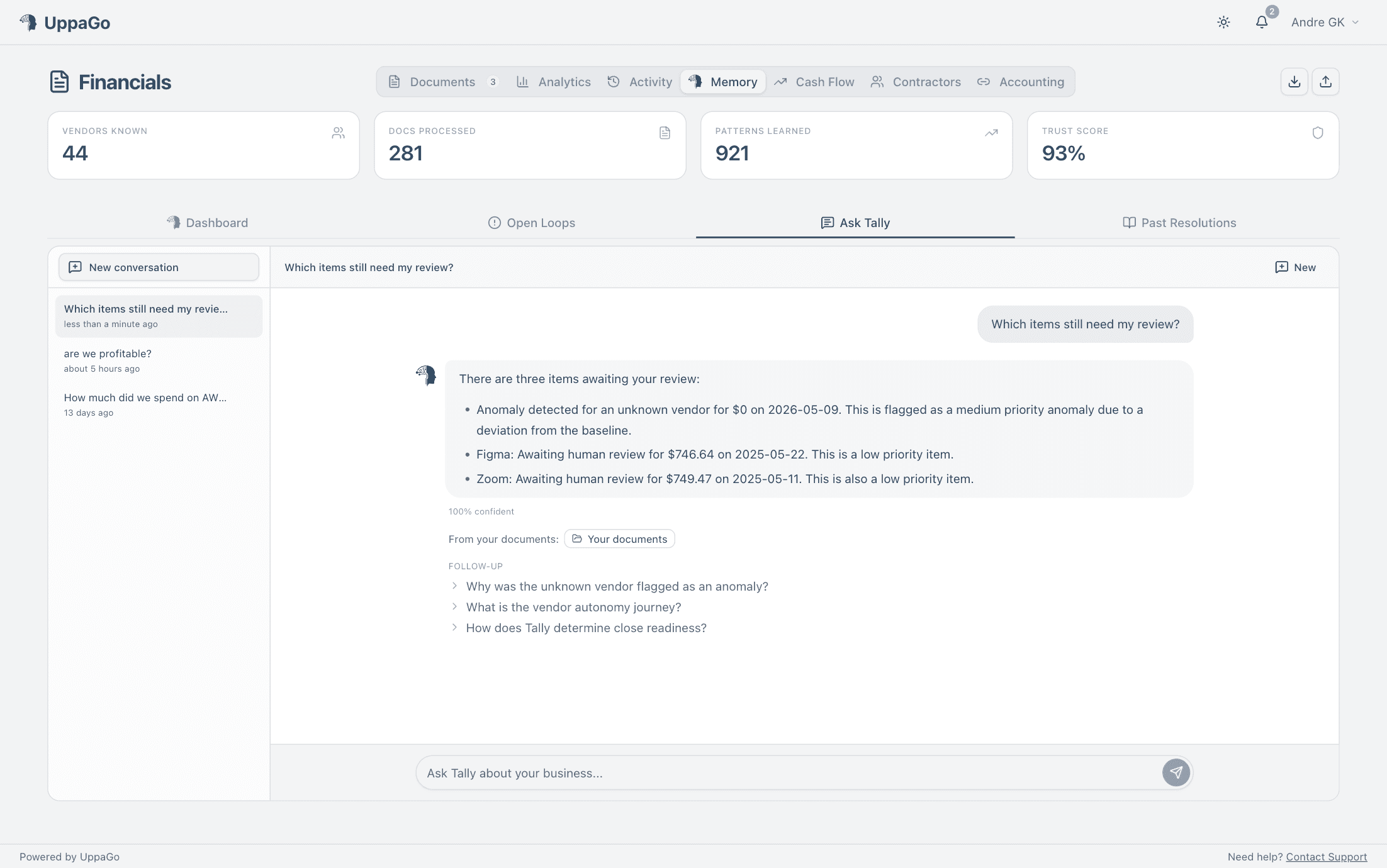 Ask Tally — natural-language chat showing an itemized vendor-spend answer with confidence, cited source documents, and follow-up suggestions
